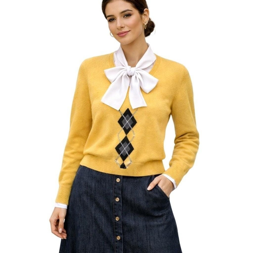 Charter Club Vintage Y2K Argyle Cashmere Sweater Women M Yellow Old Money Preppy